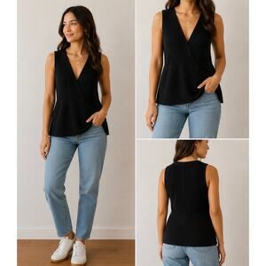 C'est City Black Sleeveless Blouse Top Minimalist Size XL Peplum Silk Blend
